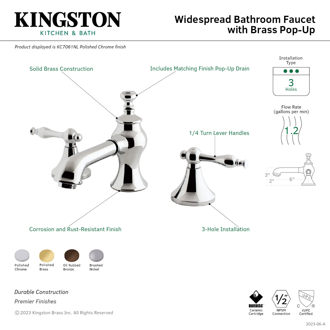 Kingston Tulare KC7068NL - Naples Two-Handle 3-Hole Deck Mount Widespread Bathroom Faucet with Brass Pop-Up, Brushed Nickel — thumbnail 2